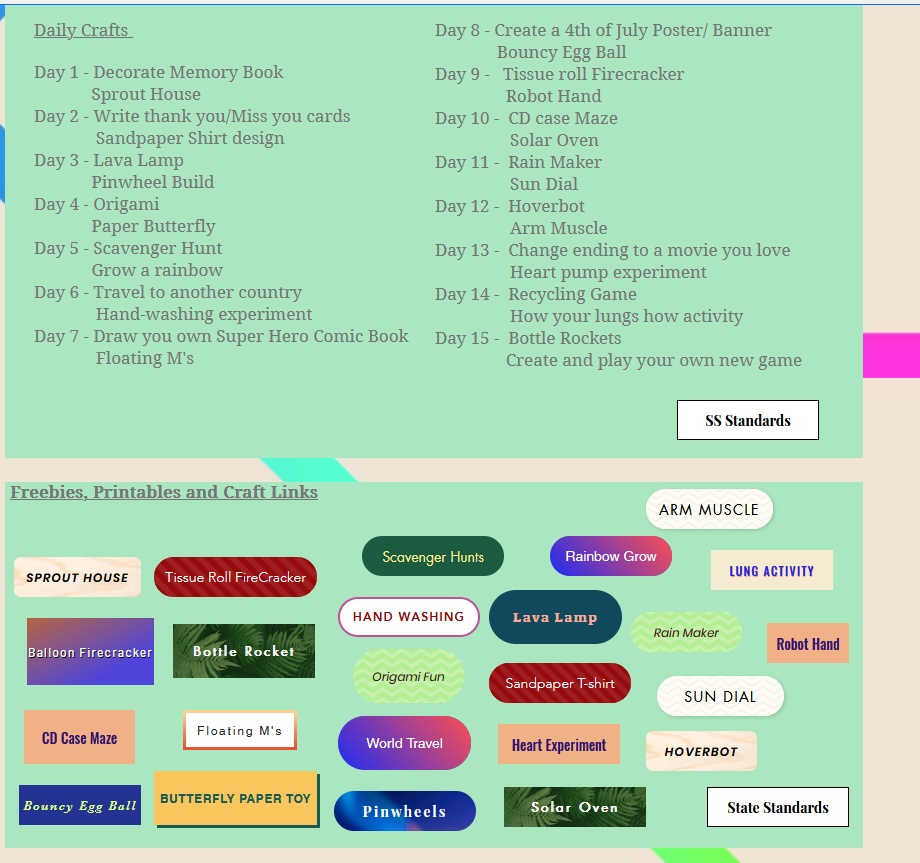 Camp Quarantine list of daily crafts and STEAM activities